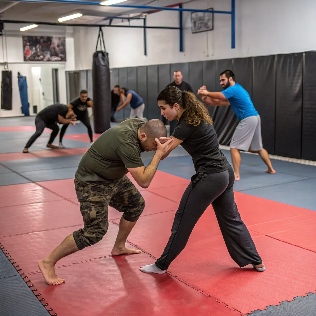 Individuals practicing self-defense techniques
